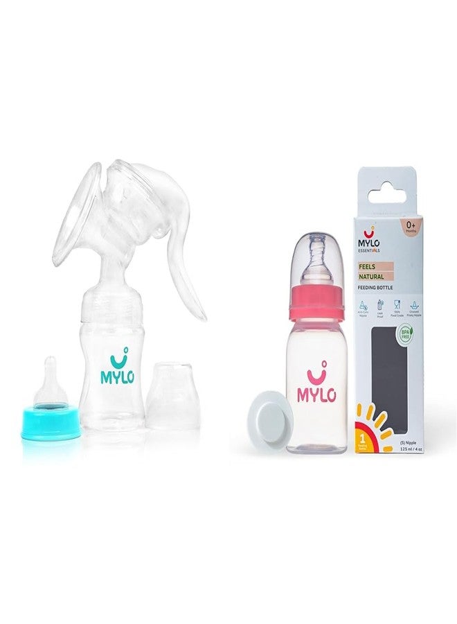 Mylo Manual Breast Pump For Feeding Mothers with Suction Valve (150ml)| Anti Colic & BPA Free Breast Pump| Compact, Lightweight & Easy to Clean - Mylo Baby Feeding Bottle (125 ml)