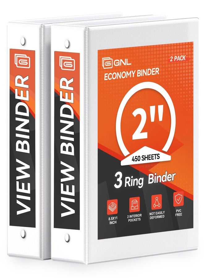 GNL 2 Inch 3 Ring Binders, 450-Sheet Capacity, Clear View Cover, PVC-Free & Non-Stick, Fits 8.5"x11" Paper, White Binders, 2 Pack, Office & School Supplies - Image 1