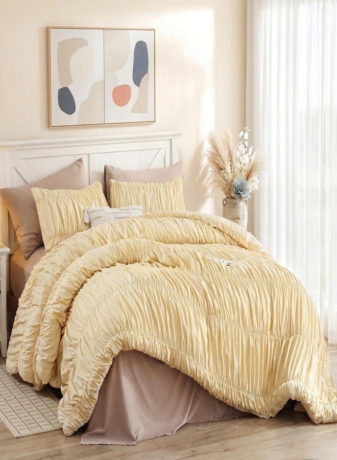 weigelia Cinched Comforter Set Full – Soft Girl Ruched Bedding Set, 3PCS Light Yellow All-Season Fluffy Lightweight Comforter with Pillowcases for Bedroom, Apartment & Dorm Decor - Image 1
