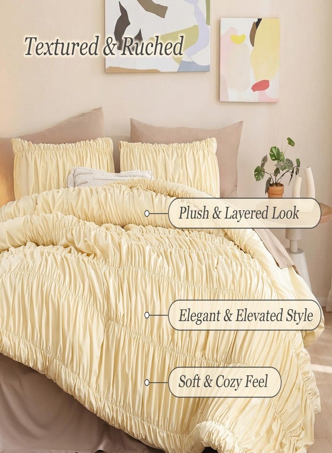 weigelia Cinched Comforter Set Full – Soft Girl Ruched Bedding Set, 3PCS Light Yellow All-Season Fluffy Lightweight Comforter with Pillowcases for Bedroom, Apartment & Dorm Decor - Image 2