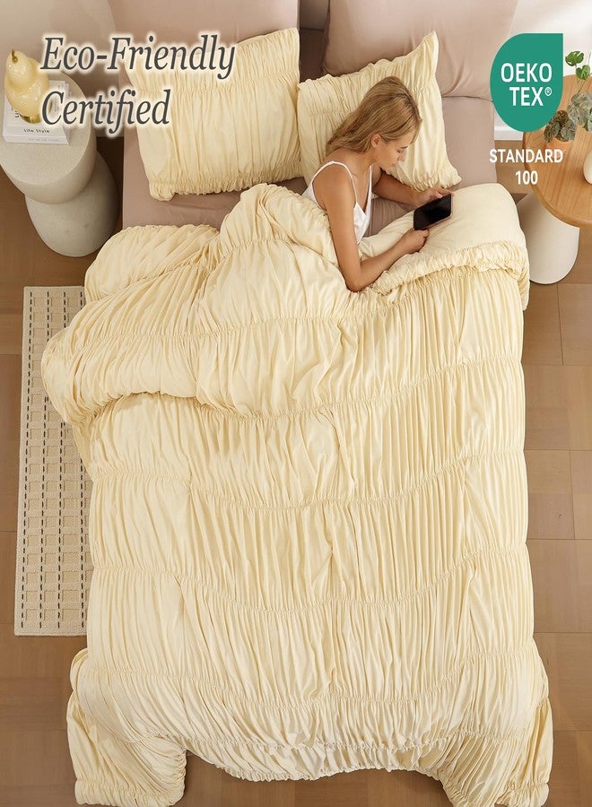 weigelia Cinched Comforter Set Full – Soft Girl Ruched Bedding Set, 3PCS Light Yellow All-Season Fluffy Lightweight Comforter with Pillowcases for Bedroom, Apartment & Dorm Decor - Image 4