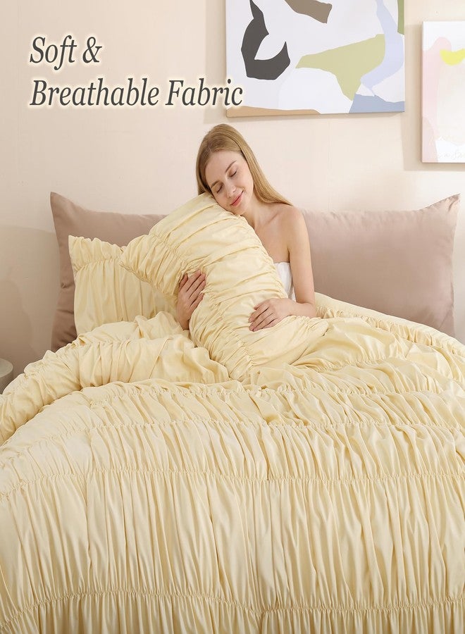 weigelia Cinched Comforter Set Full – Soft Girl Ruched Bedding Set, 3PCS Light Yellow All-Season Fluffy Lightweight Comforter with Pillowcases for Bedroom, Apartment & Dorm Decor - Image 3