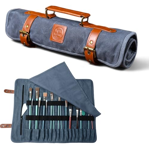 Earth & Fiber Co. Earth Fiber Co Waxed canvas paint brush holder Art bag for painting drawing art supplies Painting supplies for adults Storage roll bag for artists blue - Image 1