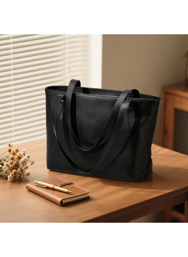 befen Large Genuine Leather Tote Bag for Women with Laptop Compartment, Womens Soft Shoulder Purse Work Travel Satchel Bags, Black, One size - Image 3