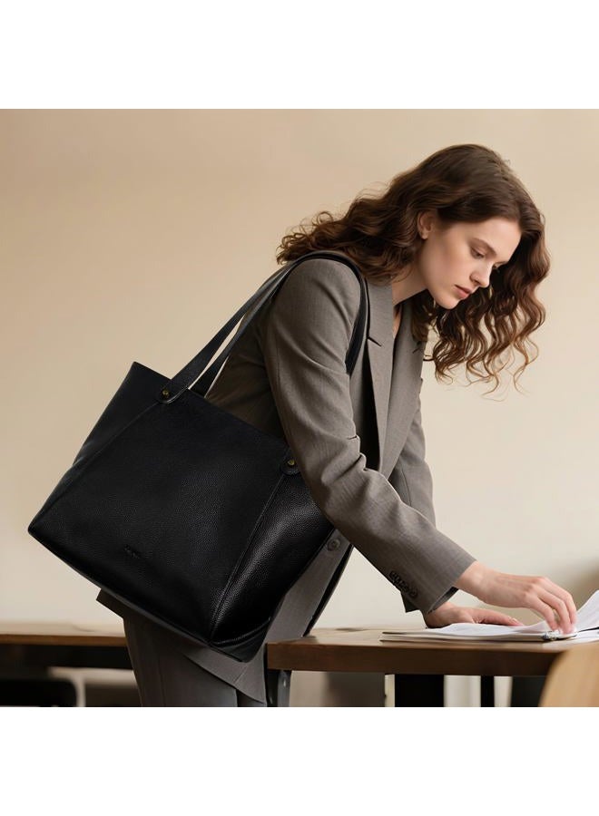 befen Large Genuine Leather Tote Bag for Women with Laptop Compartment, Womens Soft Shoulder Purse Work Travel Satchel Bags, Black, One size - Image 2