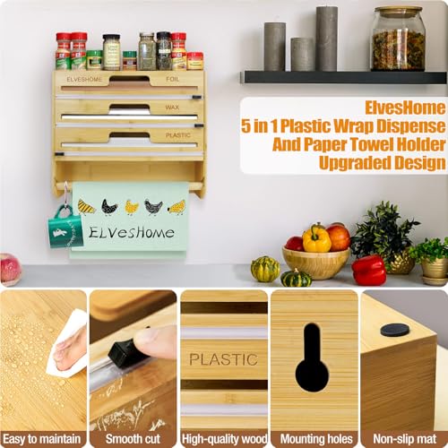 ElvesHome منظم لفائف الألمنيوم والبلاستيك 5 في 1 مع قاطع، موزع لفائف بلاستيكية مع حامل مناديل ورقية للفة 12 بوصة من ورق الشمع، موزع ألمنيوم مثبت على الحائط لتخزين المطبخ - Image 2