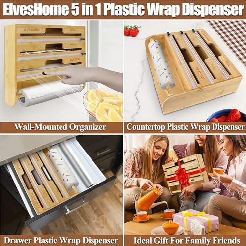 ElvesHome منظم لفائف الألمنيوم والبلاستيك 5 في 1 مع قاطع، موزع لفائف بلاستيكية مع حامل مناديل ورقية للفة 12 بوصة من ورق الشمع، موزع ألمنيوم مثبت على الحائط لتخزين المطبخ - Image 3