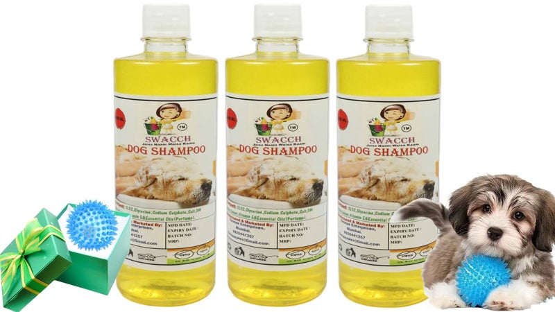 swacch Shampoo | Puppy Safe Shampoo | PH Balanced | Ditch to Itch for Dog Shampoo 500ml Pack of 3 (Lemon) + Spike Ball Chew Toy Combo Pack - Image 1