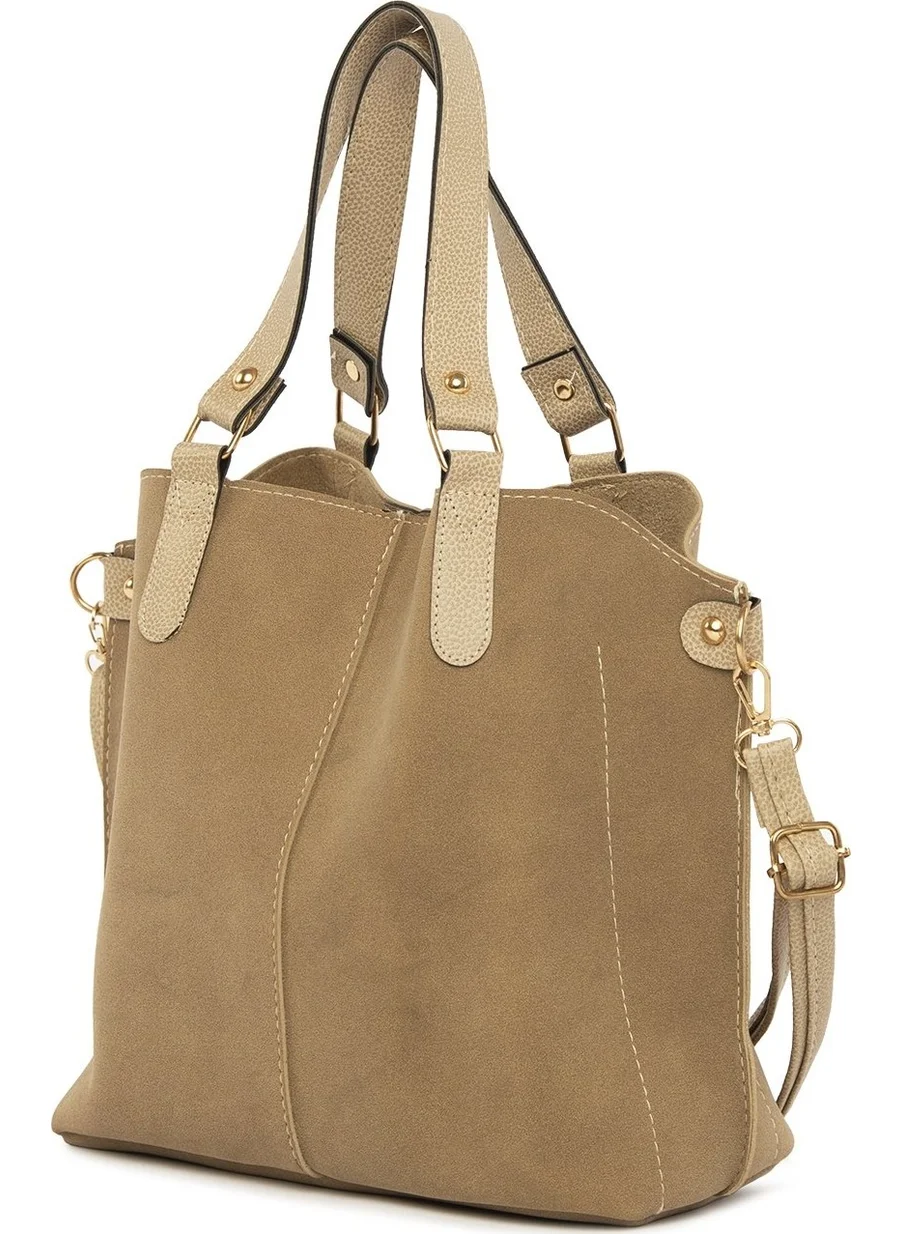 باجموري Mink Three-Compartment Nubuck Bag with Snap Detail