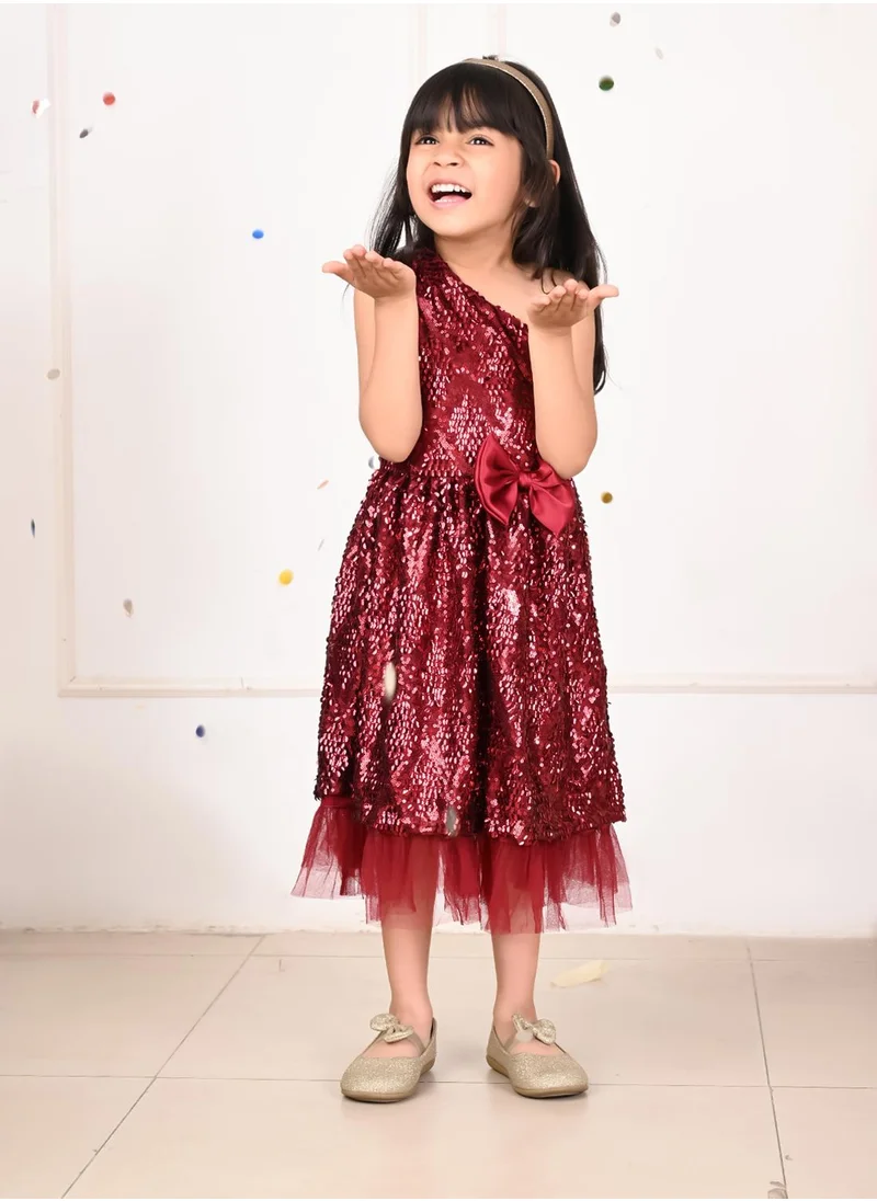 LILPICKS Sequin One Shoulder Fit n Flare Bow Dress