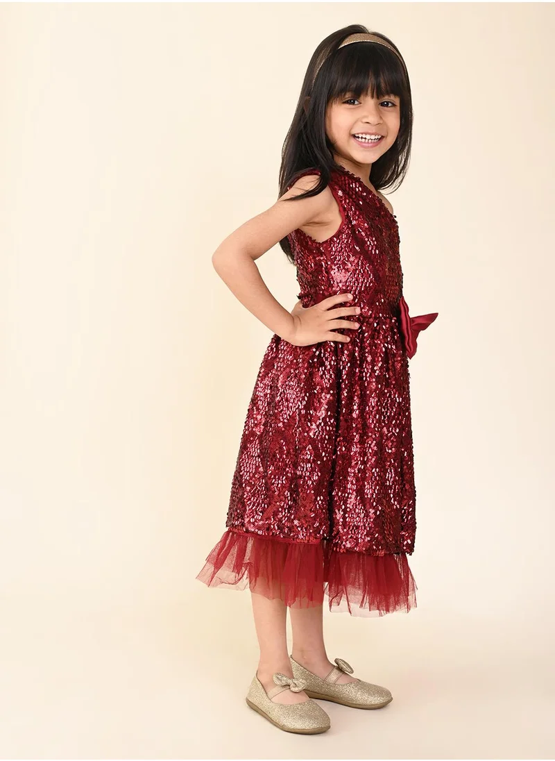 LILPICKS Sequin One Shoulder Fit n Flare Bow Dress