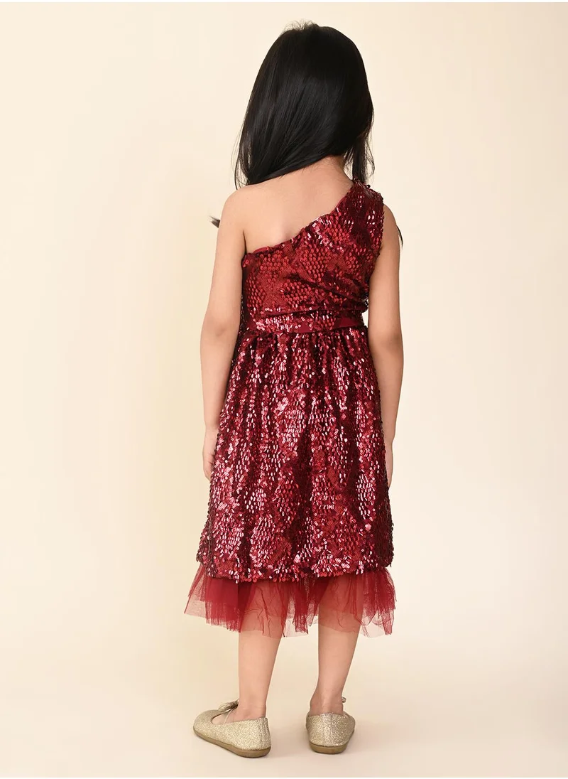 LILPICKS Sequin One Shoulder Fit n Flare Bow Dress