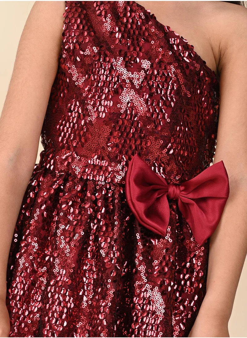 LILPICKS Sequin One Shoulder Fit n Flare Bow Dress
