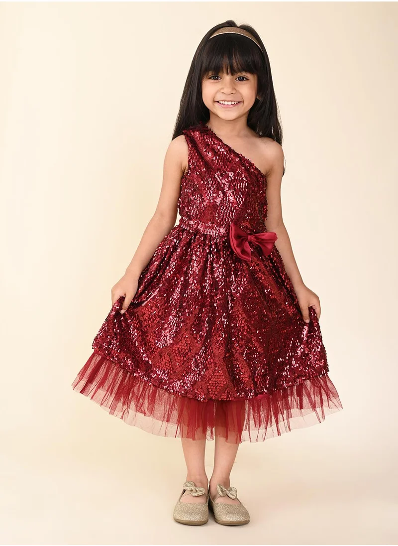 LILPICKS Sequin One Shoulder Fit n Flare Bow Dress