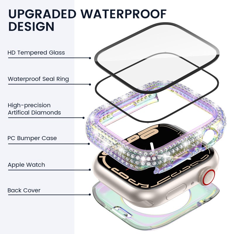 Tensea [2 in 1 for Waterproof Apple Watch Screen Protector Case 41mm Series 9/8/7 Accessories, 360 iWatch Diamond Front Bumper with Glass Film and Back Bumper, Bling Face Cover Women, 41 mm - Image 3