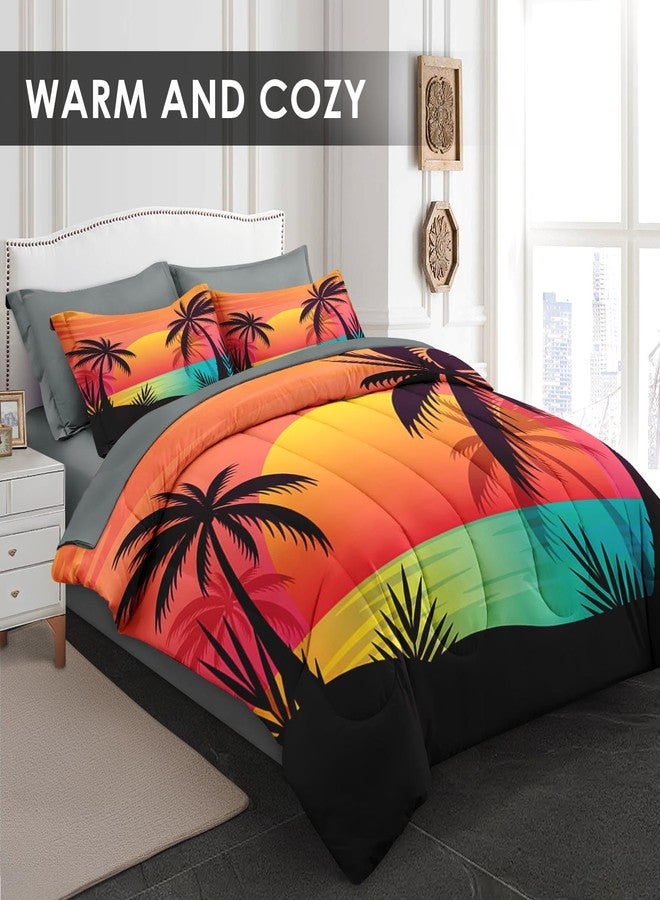Pamnest Comforter Set Queen Size, Beach Sunset Palm Tree 7 Pcs Bedding for Kids and Adults, Red Retro Tropical Bed Sheet Sets with Fitted Sheet 2 Pillowcases & 2 Shams for Bedroom Bed Decor - Image 2