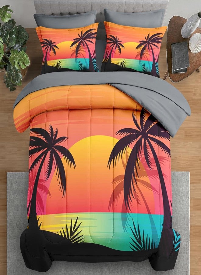 Pamnest Comforter Set Queen Size, Beach Sunset Palm Tree 7 Pcs Bedding for Kids and Adults, Red Retro Tropical Bed Sheet Sets with Fitted Sheet 2 Pillowcases & 2 Shams for Bedroom Bed Decor - Image 1