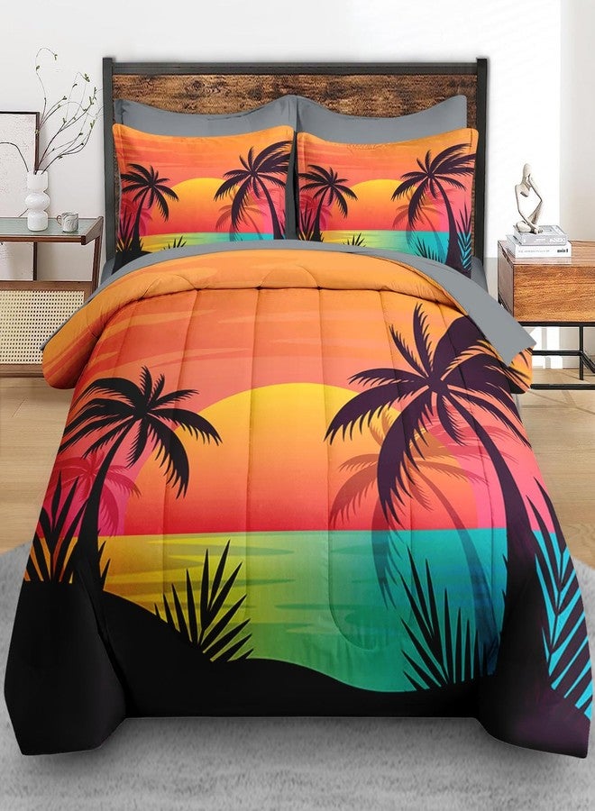 Pamnest Comforter Set Queen Size, Beach Sunset Palm Tree 7 Pcs Bedding for Kids and Adults, Red Retro Tropical Bed Sheet Sets with Fitted Sheet 2 Pillowcases & 2 Shams for Bedroom Bed Decor - Image 3