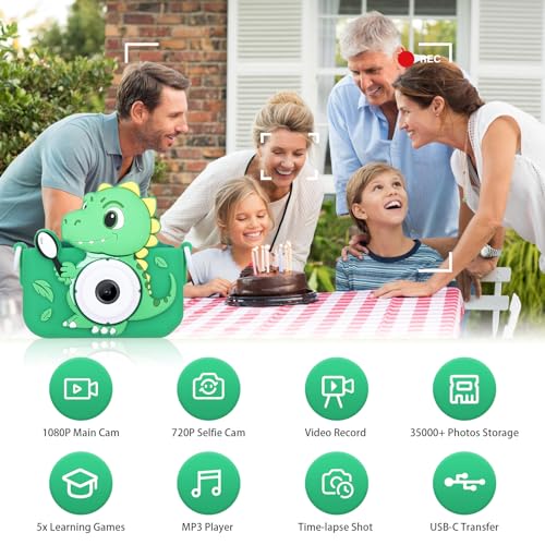 Envyvip Dinosaur Toys Camera for Kids Boys Age 38 Toddler Kids Digital Camera Christmas Birthday Gifts for 3 4 5 6 7 8 Years Old Boy Cute Selfie Video Camera HD 1080P 32GB SD Card Included - Image 5