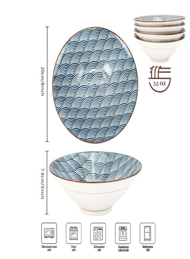 YALONG 8 INCH Ramen Bowls Set of 4, 40 oz Ceramic Pho Bowls, for Soup, Cereal and Noodles, Udon, Soba, Japanese Style, Blue and White - Image 2