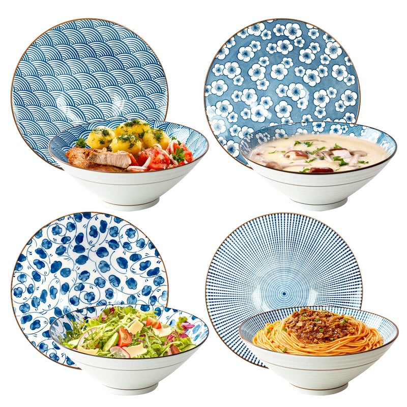 YALONG 8 INCH Ramen Bowls Set of 4, 40 oz Ceramic Pho Bowls, for Soup, Cereal and Noodles, Udon, Soba, Japanese Style, Blue and White - Image 1
