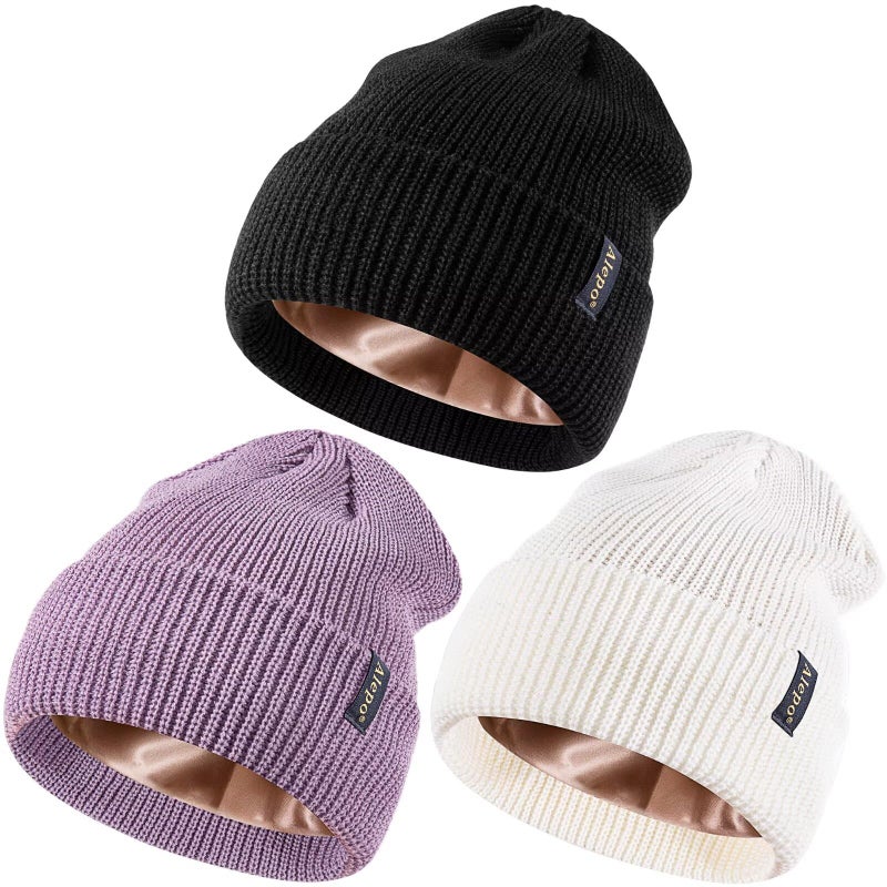 Alepo 3 Pack Satin Lined Beanie for Women Men, Fashionable Silk Lined Winter Hats for Cold Weather, Warm Cable Knit Skull Cap Cuffed Beanies-06 - Image 1