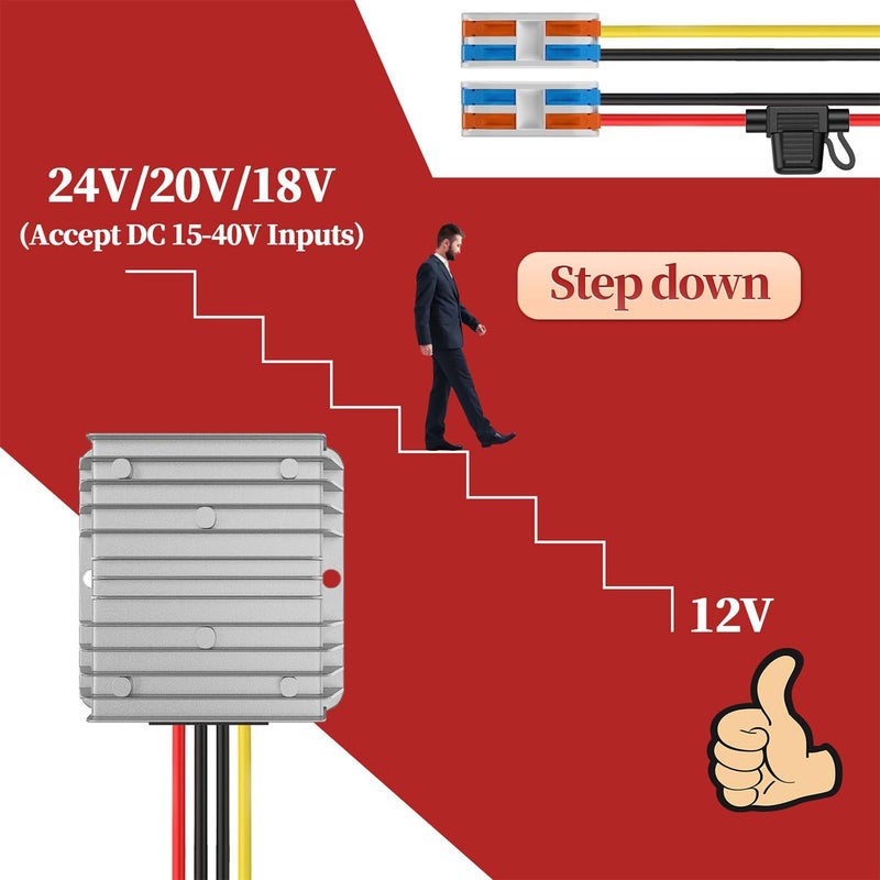 Cocar Voltage Converter 24V to 12V, Step Down 24V 12V 15A 180W with Fuse Waterproof and Quick Connector Cable Connector, Voltage Converter 24 to 12 for Golf Cart Light Truck. DC15-40V Wide Input - Image 2