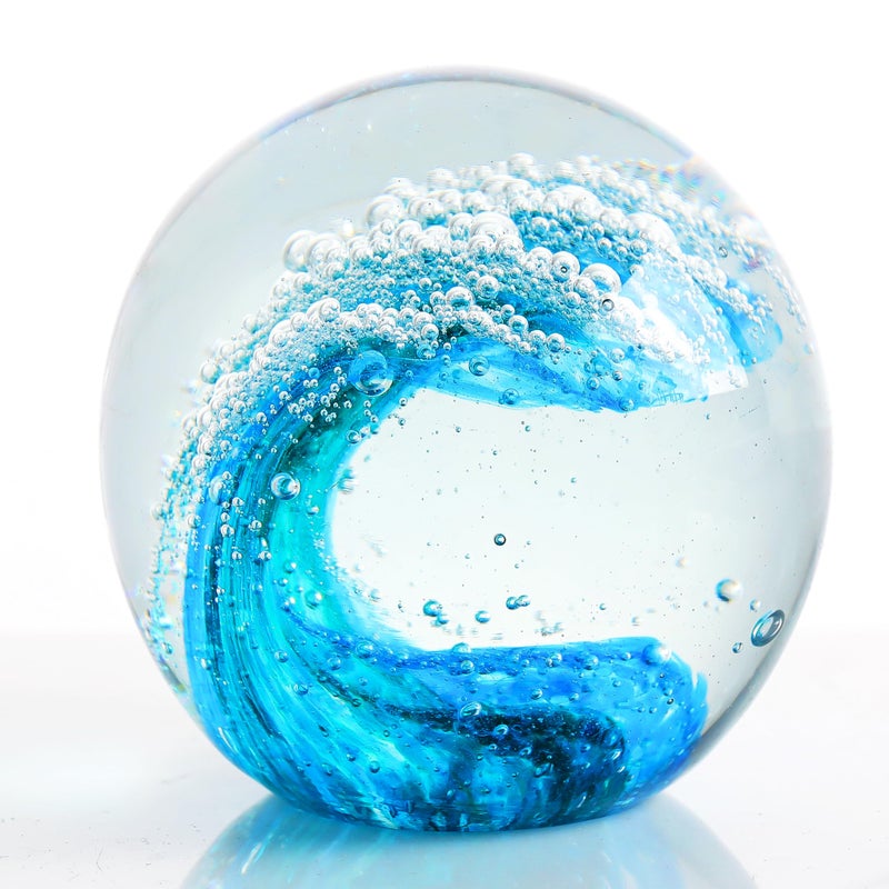 Precious Memorial Hand Blown Ocean Waves Glass Decor Crystal Ball - Coastal Collectible Figurines Sphere Paperweight Glass Ball Aquarium Decor Office Beach Decor Ocean Gift Lovers Paper Weights (Blue) - Image 1