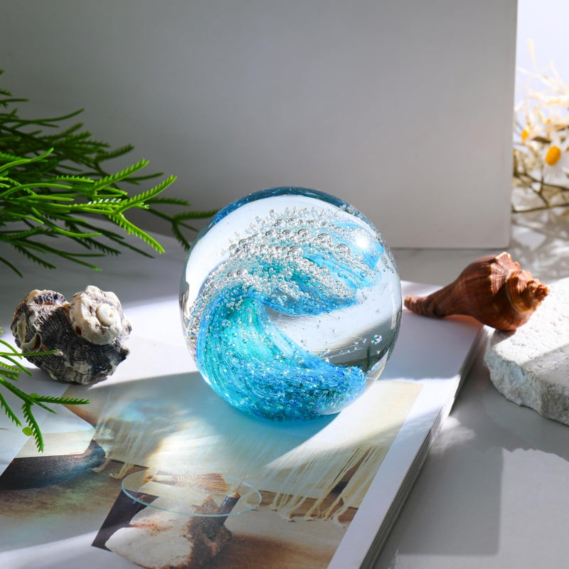 Precious Memorial Hand Blown Ocean Waves Glass Decor Crystal Ball - Coastal Collectible Figurines Sphere Paperweight Glass Ball Aquarium Decor Office Beach Decor Ocean Gift Lovers Paper Weights (Blue) - Image 2