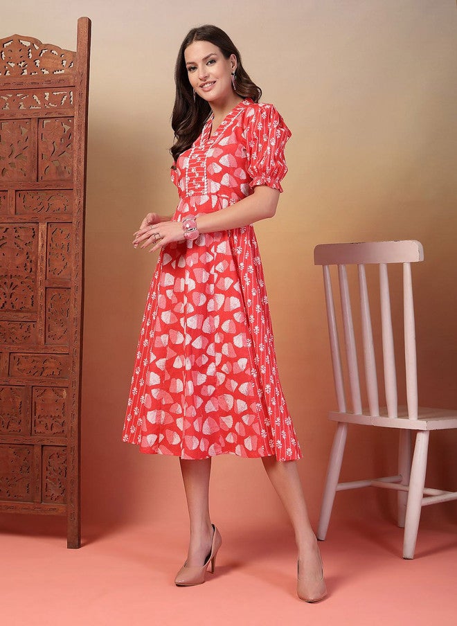 Indibelle Women's Pink Floral Printed Fit and Flare Knee Length Dress - Image 5