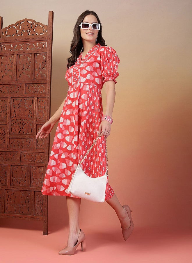 Indibelle Women's Pink Floral Printed Fit and Flare Knee Length Dress - Image 1