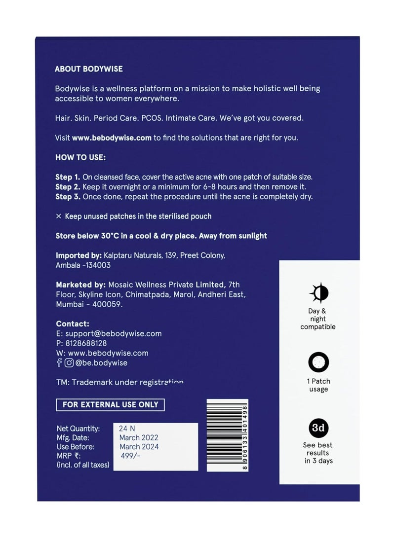 Be Bodywise Bodywise Be Bodywise Acne Pimple Patch For Women (24 Dots | 3 Sizes) | Absorbs & Flattens Acne Overnight | Waterproof | Reduces Excess Oil, Shrinks Pimples & Clears Pores | For All Skin Type - Image 2