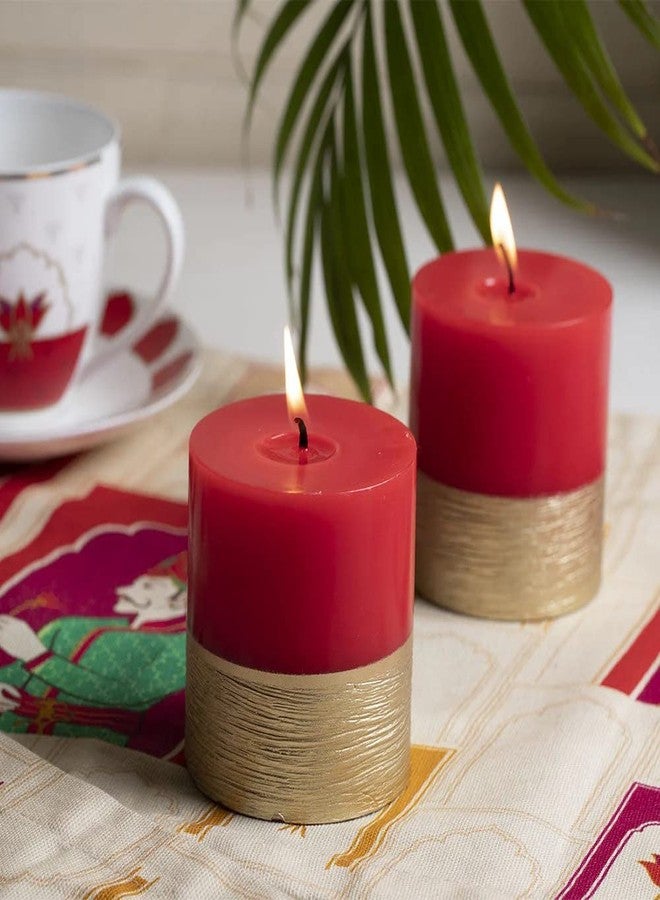 Luces Set of 2 Designer Red Golden Pillar Candle Best Scented Candles for Home Decor Bedroom Living Room Birthday Decoration Dinner Table Valentine Gifting Church Diwali - Image 2