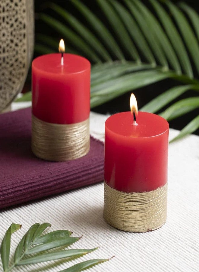 Luces Set of 2 Designer Red Golden Pillar Candle Best Scented Candles for Home Decor Bedroom Living Room Birthday Decoration Dinner Table Valentine Gifting Church Diwali - Image 1