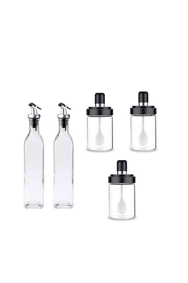 5-Piece Glass Kitchen Storage Set – 2 Oil/Vinegar Bottles with Pouring Caps + 3 Spice/Sugar Jars with Inner Spoon and Sealed Lids – Clear Practical Design for Organized Kitchen Use
