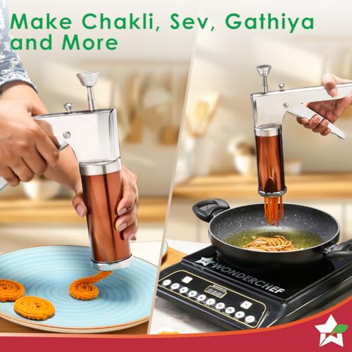 Wonderchef Snacks Maker with 12 Different jalis, Stainless Steel Plates for Making Sev, Bhujiya, Papdi, Gathiya, Murukku, Chakli, Kitchen Tool for Making Namkeen Snacks, Farsan Maker - Image 4