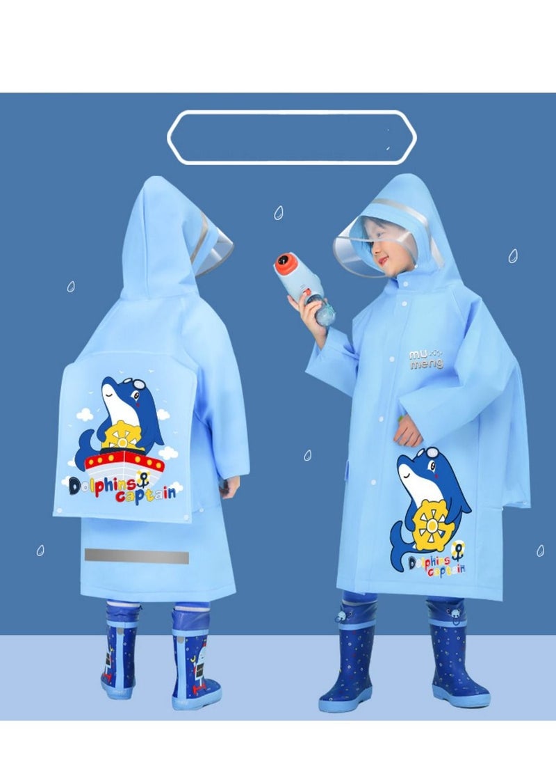 Children's Raincoat Waterproof Fashion Cartoon Schoolbag Bit Large Brim Transparent Poncho Blue