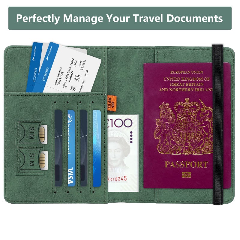 PU Passport Holder with RFID Blocking, Travel Document Wallet Case for Men and Women (Green) - Image 3