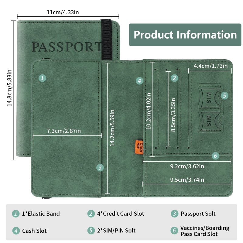 PU Passport Holder with RFID Blocking, Travel Document Wallet Case for Men and Women (Green) - Image 4