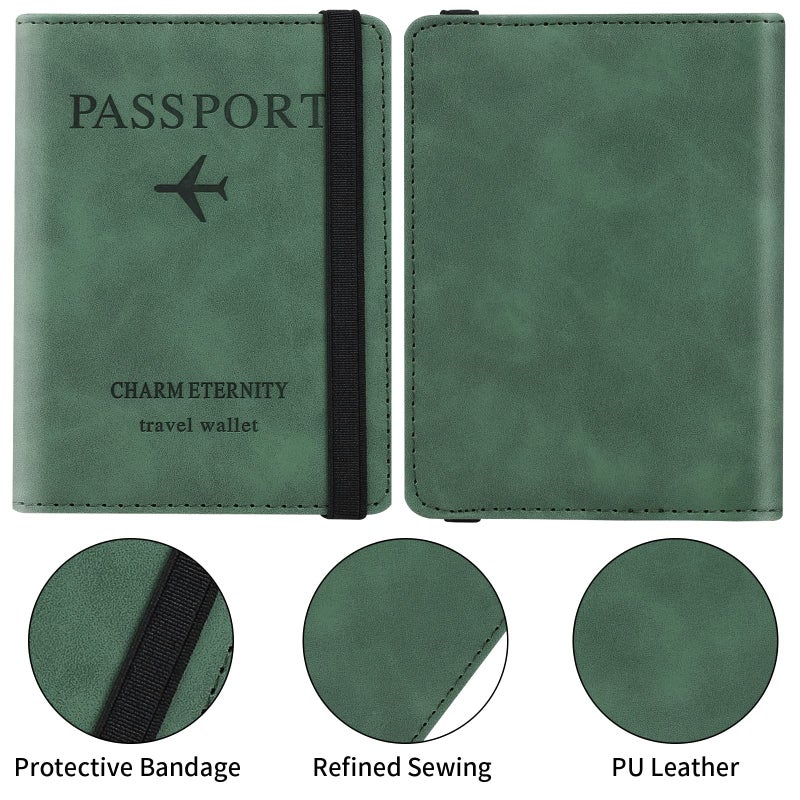 PU Passport Holder with RFID Blocking, Travel Document Wallet Case for Men and Women (Green) - Image 5