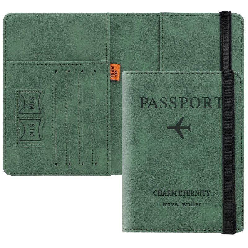 PU Passport Holder with RFID Blocking, Travel Document Wallet Case for Men and Women (Green) - Image 1