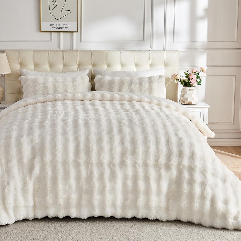Lotus Karen Lotus Karen Fluffy Comforter Cover Set-Rabbit Fluff Faux Fur Duvet Cover King Size Cream White Plush Fuzzy Furry Bedding Sets 3Pieces(1 Duvet Cover & 2 Pillow Shams) Zipper Closure  - Image 1