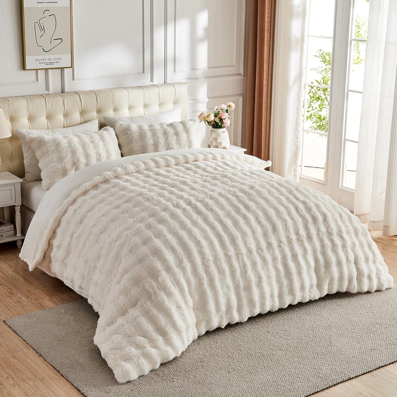 Lotus Karen Lotus Karen Fluffy Comforter Cover Set-Rabbit Fluff Faux Fur Duvet Cover King Size Cream White Plush Fuzzy Furry Bedding Sets 3Pieces(1 Duvet Cover & 2 Pillow Shams) Zipper Closure  - Image 4