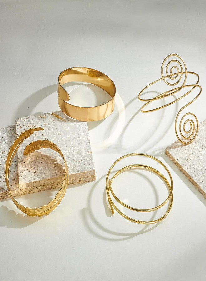 EIELO طقم أساور ذراع EIELO 8 قطع بتصميم بسيط وعصري مع لفات مفتوحة وعريضة للذراع، أساور ذهبية للنساء قابلة للتعديل - Image 5