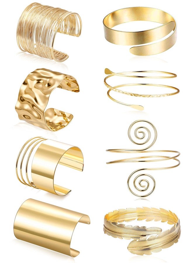 EIELO طقم أساور ذراع EIELO 8 قطع بتصميم بسيط وعصري مع لفات مفتوحة وعريضة للذراع، أساور ذهبية للنساء قابلة للتعديل - Image 1