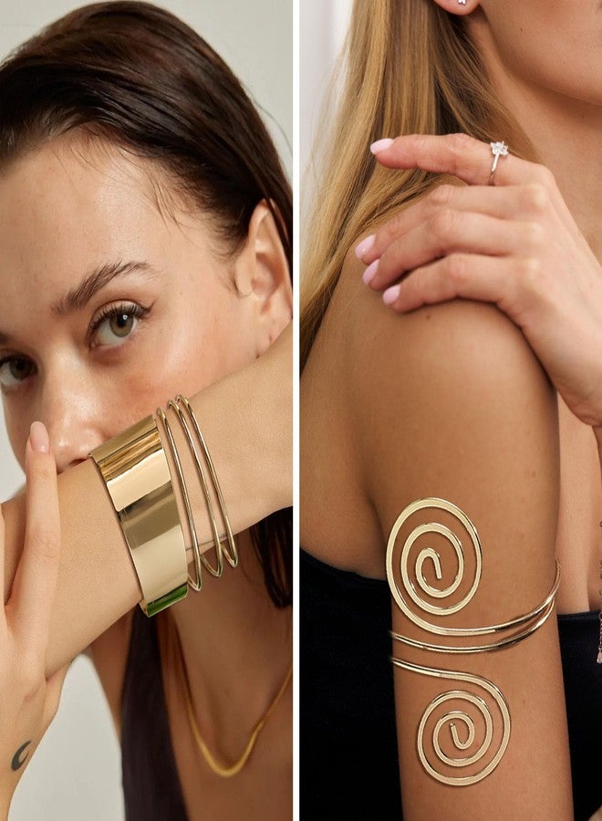 EIELO طقم أساور ذراع EIELO 8 قطع بتصميم بسيط وعصري مع لفات مفتوحة وعريضة للذراع، أساور ذهبية للنساء قابلة للتعديل - Image 2