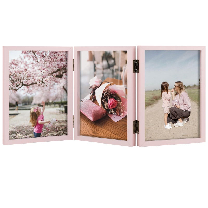 Space Art Deco 5x7 Triple Hinged Frames  3 Folding Picture Frame  Triptych Photo Frame  Stand Vertically on Desktop or Tabletop  Pink - Image 1