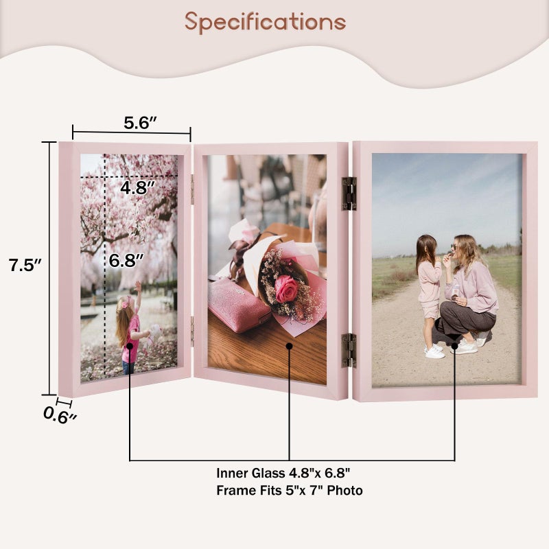 Space Art Deco 5x7 Triple Hinged Frames  3 Folding Picture Frame  Triptych Photo Frame  Stand Vertically on Desktop or Tabletop  Pink - Image 2