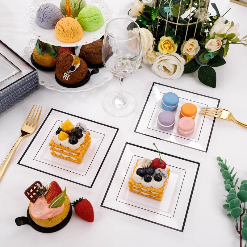 bUCLA 100PCS Black Square Plastic Plates Disposable - 6 inch Clear and Black Dessert/Cake Plates - Premium Hard Square Small Appetizer for Party&New Year - Image 4