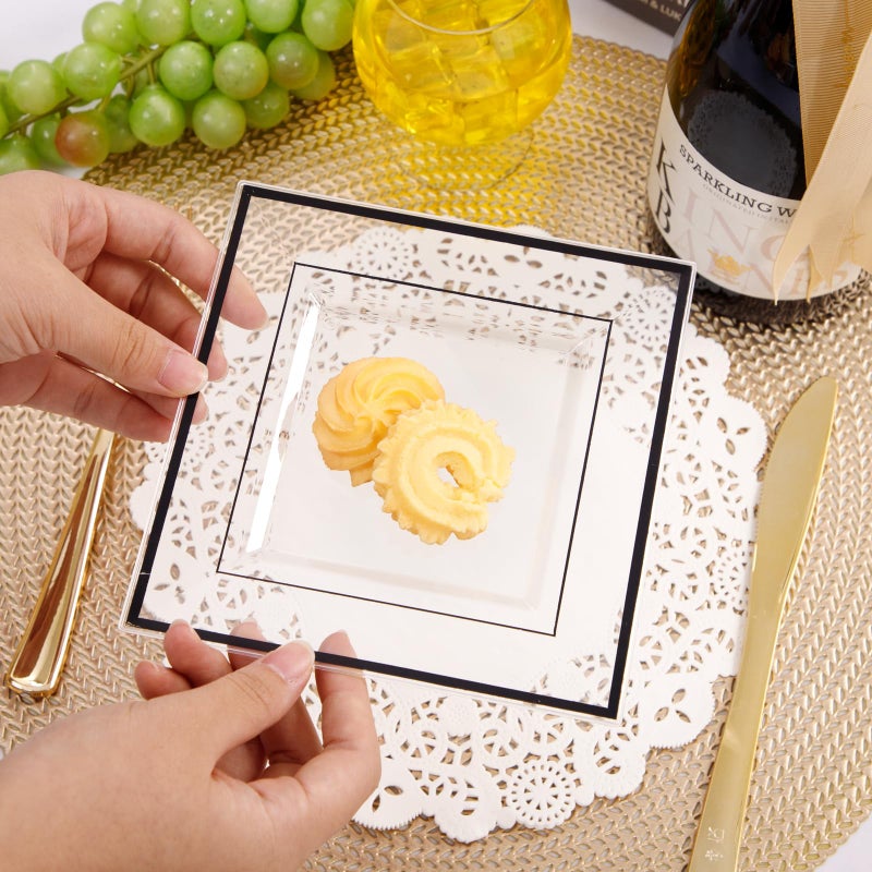 bUCLA 100PCS Black Square Plastic Plates Disposable - 6 inch Clear and Black Dessert/Cake Plates - Premium Hard Square Small Appetizer for Party&New Year - Image 3